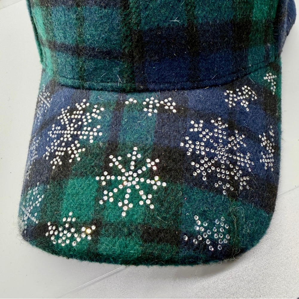 Plaid Green and Blue Women's Hat with Snowflake Design - Picture 2 of 11